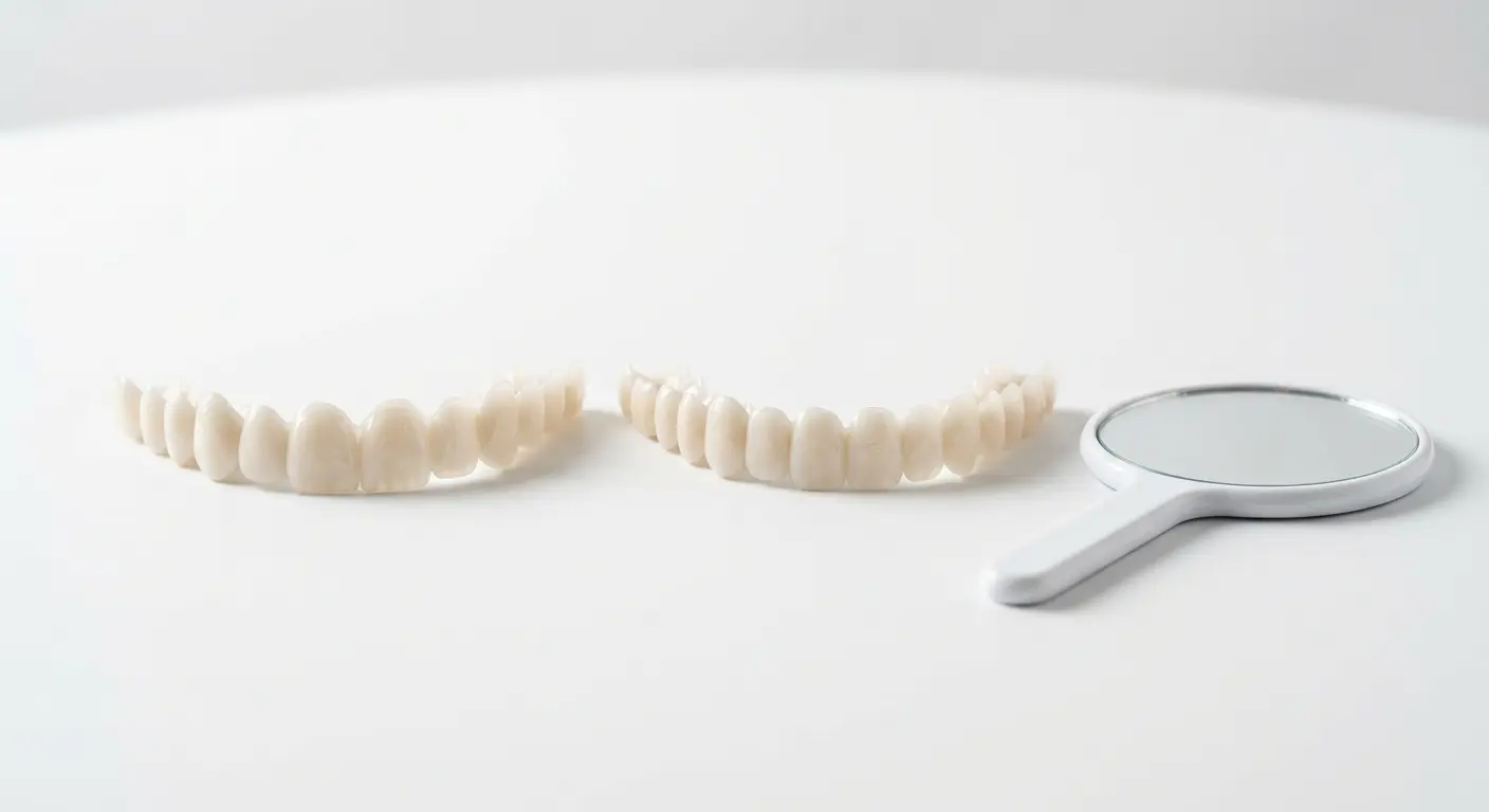 Two rows of removable snap-on veneers next to a small mirror