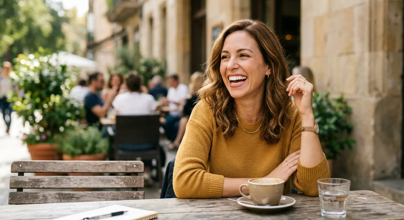 Woman laughing confidently at an outdoor cafe